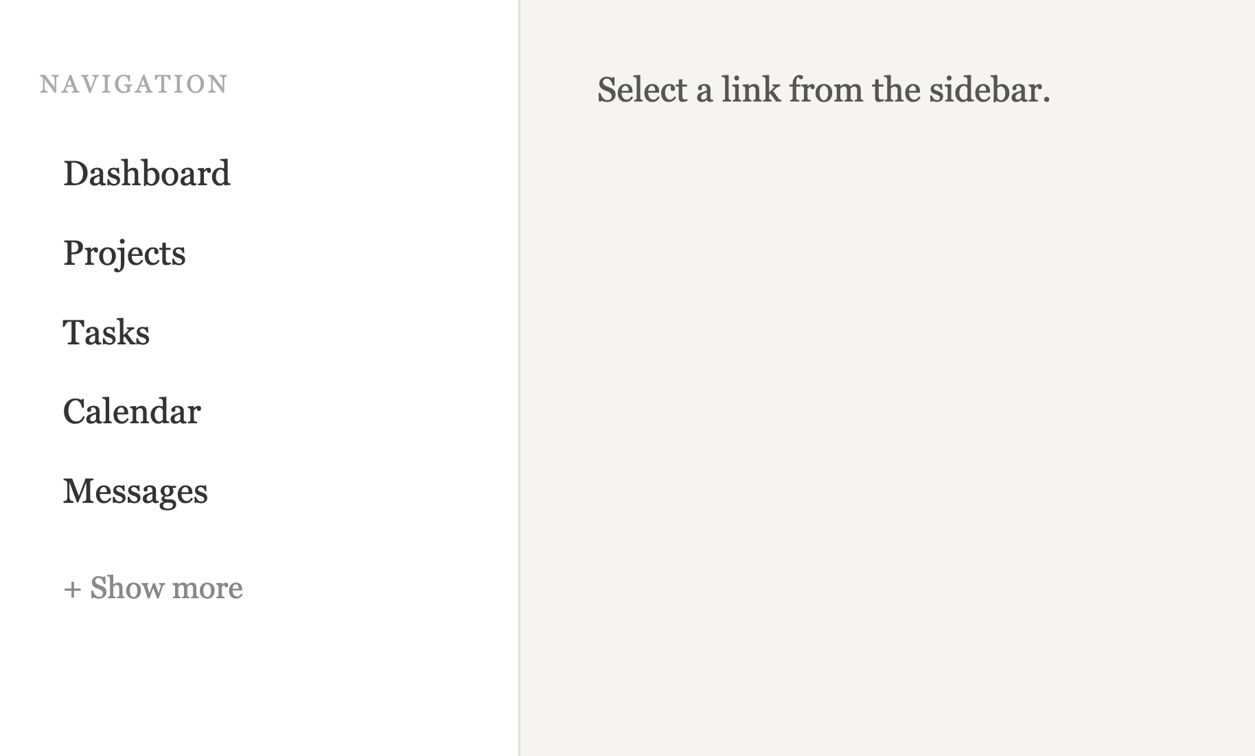 Generated page with a sidebar navigation containing a heading named Navigation, 5 links and a Show more button